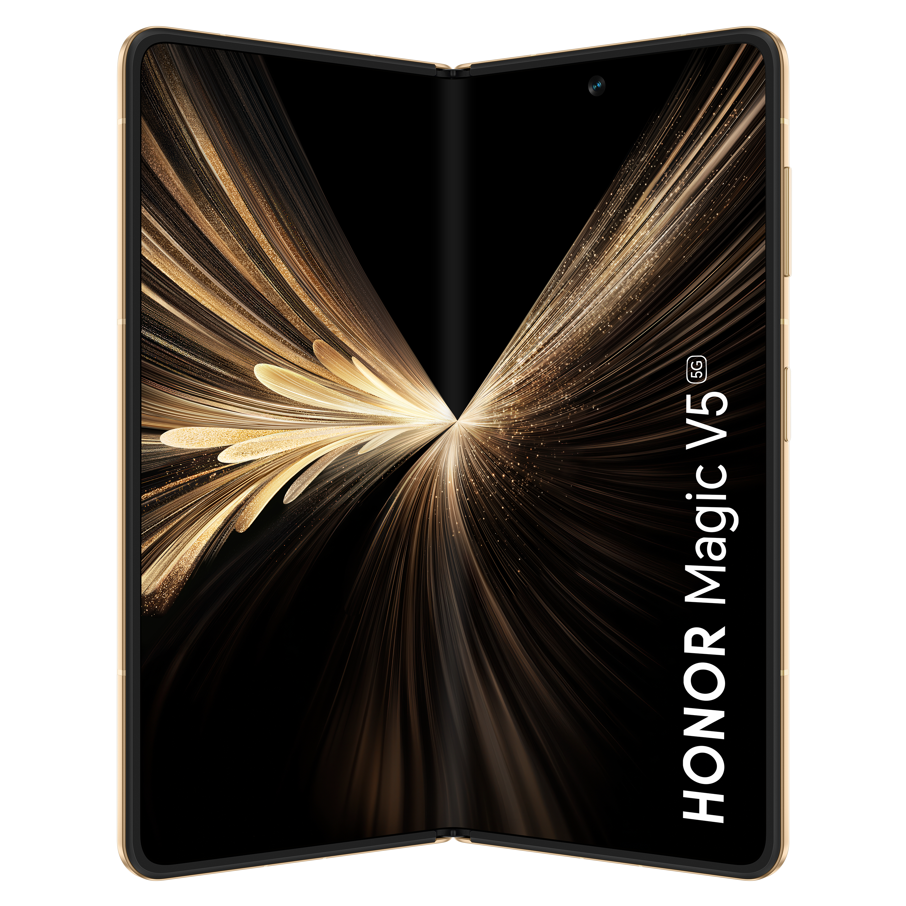 Goldenes faltbares Telefon, offen. Schwarzer Bildschirm zeigt goldene Lichtstreifen. HONOR Magic V5 5G-Text sichtbar.
