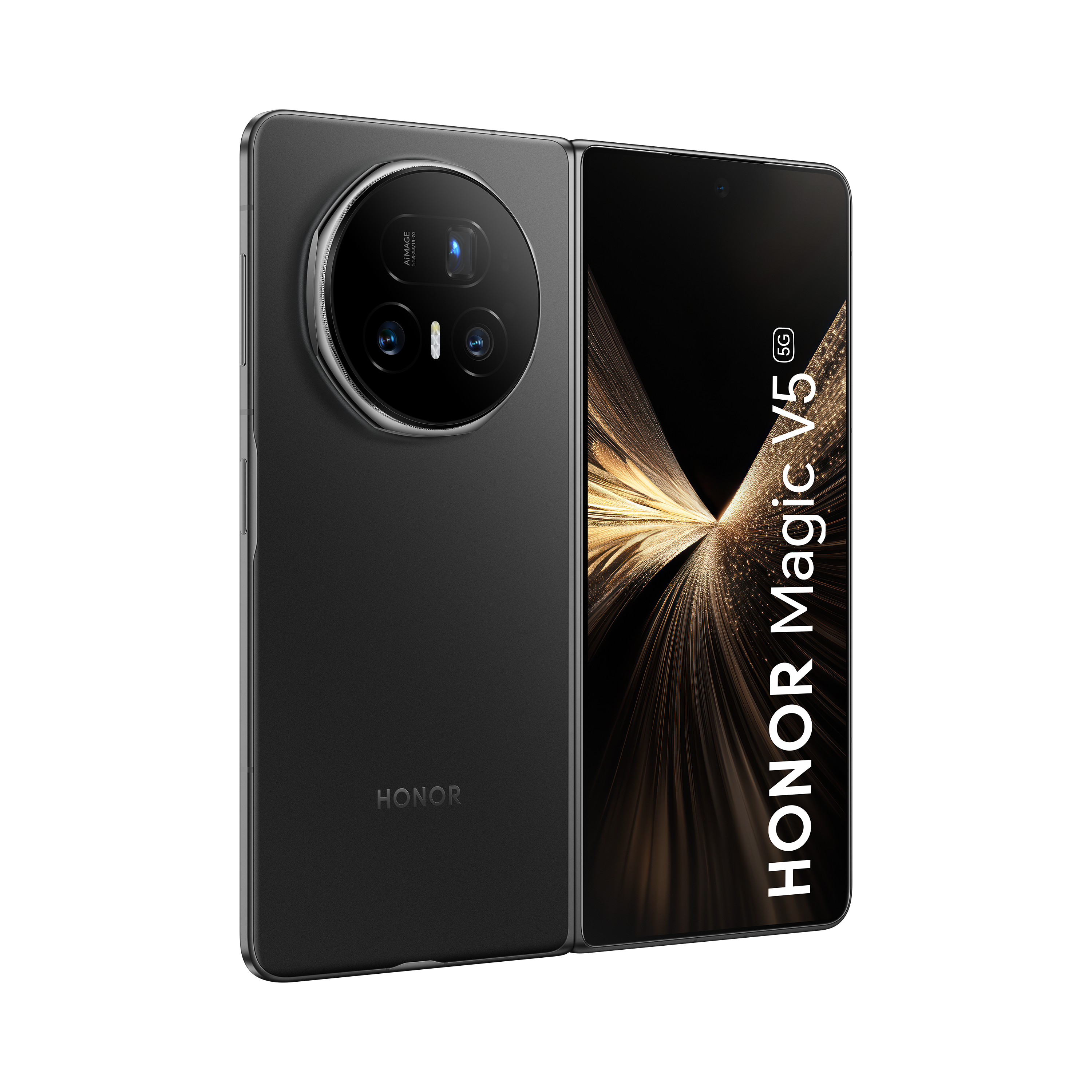 Schwarzes HONOR Magic V5 Smartphone. Es hat ein Kameramodul, und der Bildschirm ist geöffnet, mit der Aufschrift "HONOR Magic V5 5G".
