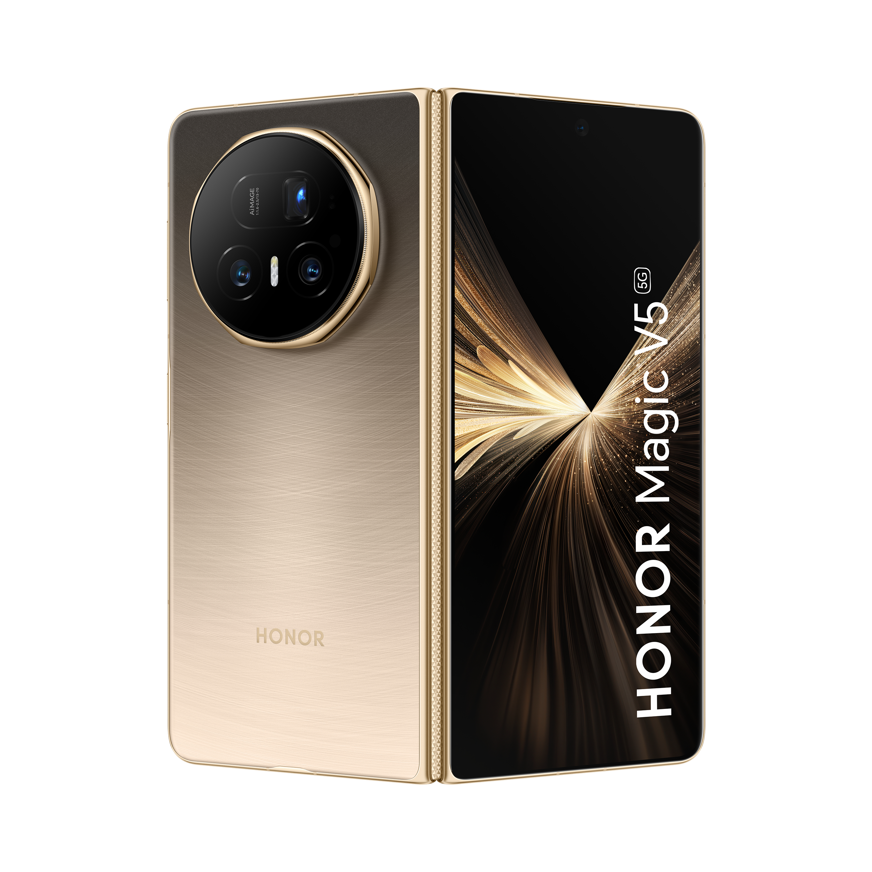 Faltbares goldenes Smartphone, Honor Magic V5. Eine Seite hat Kameralinsen, die andere einen Bildschirm. Das Telefon ist offen.