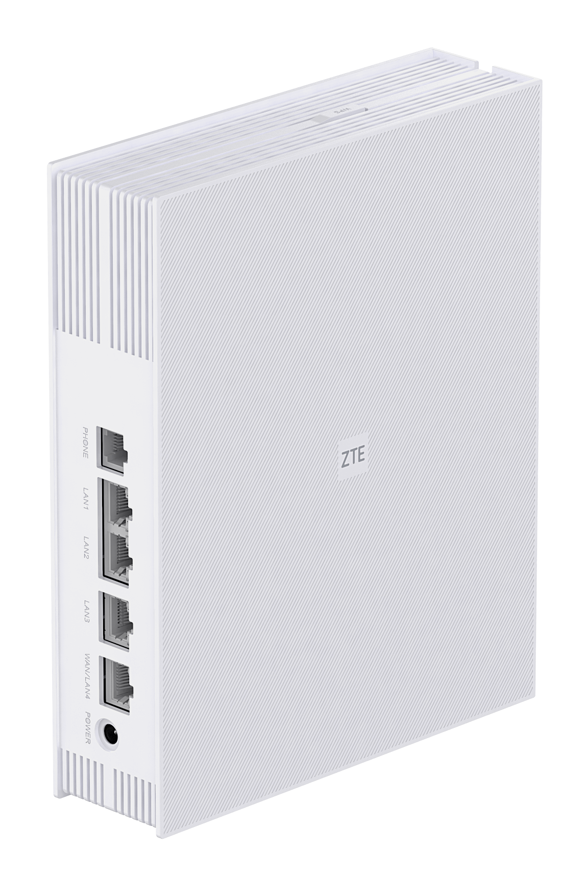Biały router ZTE z wieloma portami. Urządzenie ma teksturowaną powierzchnię i logo ZTE. Porty oznaczone PHONE, LAN1-4 i POWER.