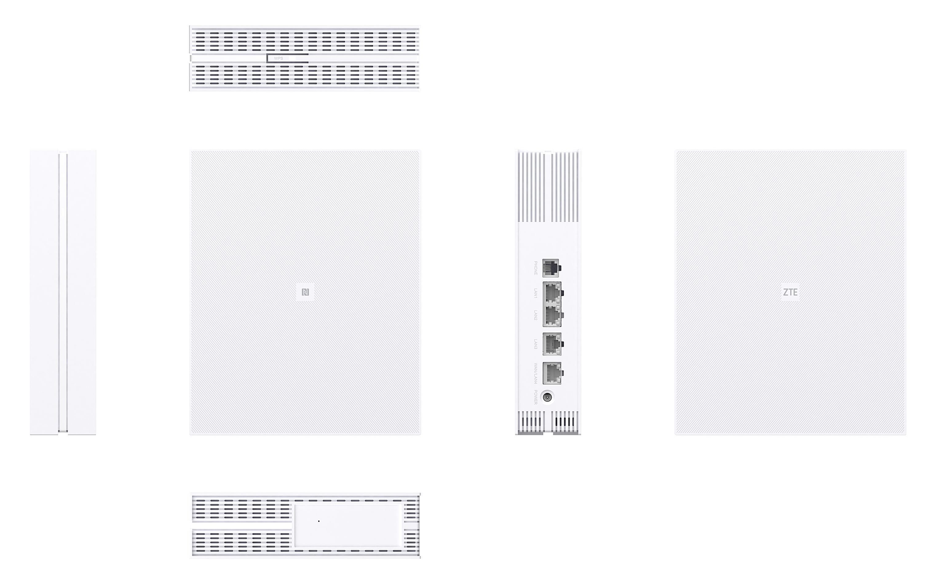 Biały router z różnymi widokami. Zawiera boki, górę, przód i tył. Posiada porty i logo ZTE. Czarne tło.