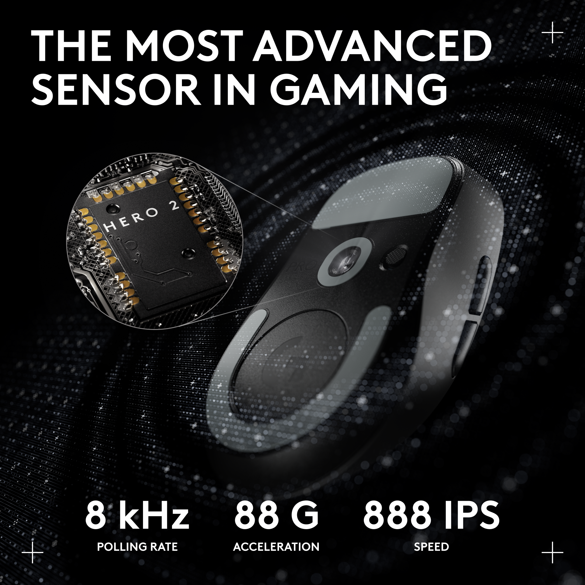 A képen egy gaming egér látható, a szenzor részletes nézetével. A szöveg kiemeli a funkciókat: 8 kHz, 88G, 888 IPS és 'HERO 2'.