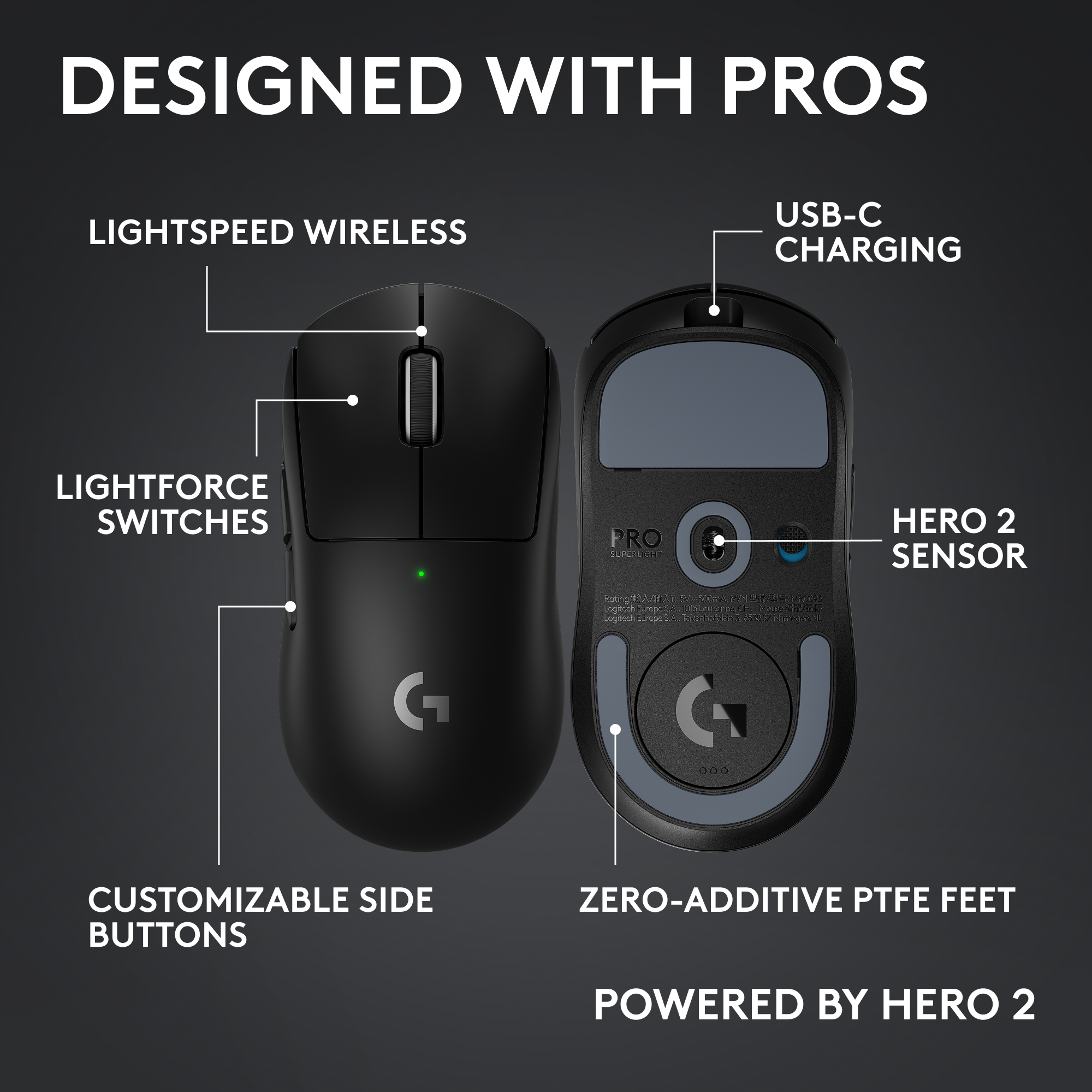 A képen egy fekete számítógépes egér látható. A funkciók fel vannak tüntetve, beleértve a Lightspeed Wireless-t, az USB-C töltést és a Hero 2 érzékelőt.