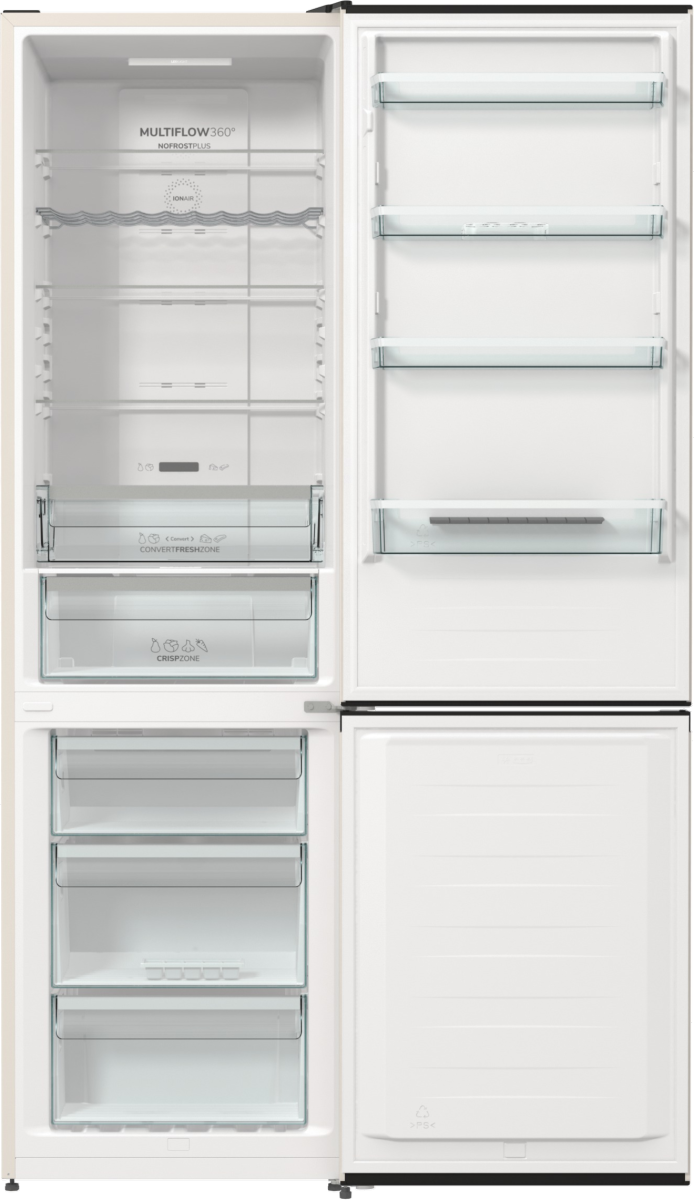 Otwarta biała lodówka pokazuje wnętrze z półkami, szufladami i etykietami. Drzwi zamrażarki również są otwarte.