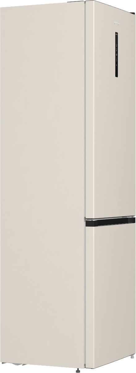 Widoczna jest beżowa lodówka. Ma dwoje drzwi, cyfrowy wyświetlacz i czarne akcenty. Lodówka stoi na białym tle.