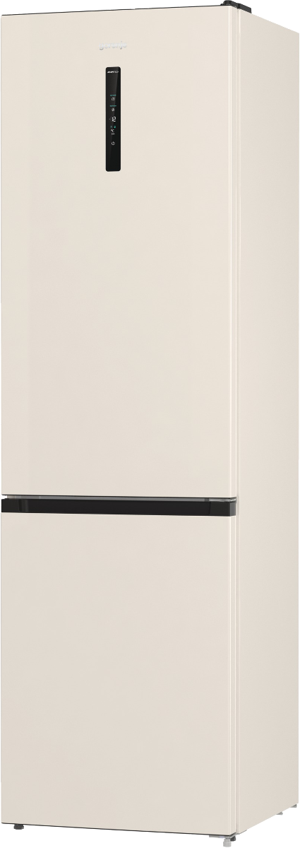 Kremowa lodówka z czarnym panelem sterowania i uchwytem. Nazwa marki znajduje się na górze.