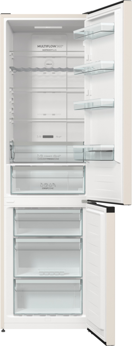 Otwarta biała lodówka pokazuje półki, szuflady i przegrody. Tekst wewnątrz brzmi 'Multiflow 360°'. Drzwi są częściowo otwarte.