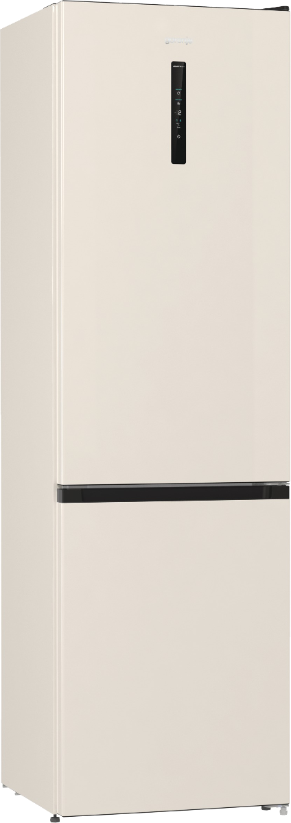 Kremowa lodówka z czarnym panelem sterowania. Górne drzwi mają panel sterowania, a dolne czarny uchwyt.