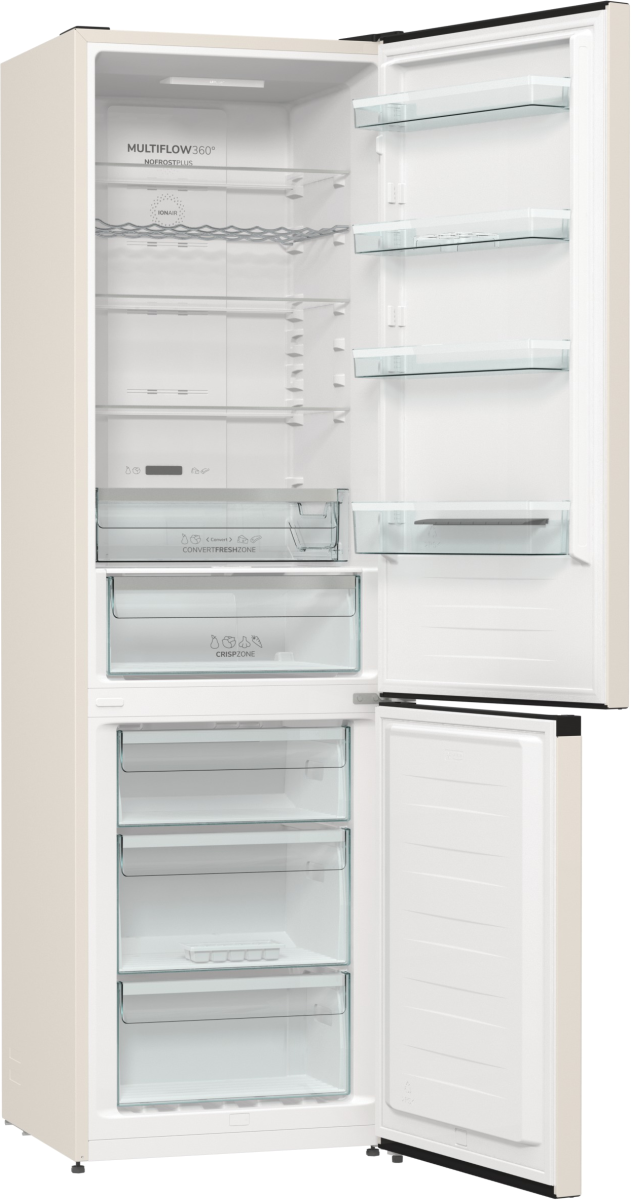 Otwarta beżowa lodówka z półkami, szufladami i funkcjami takimi jak MultiFlow 360° i CrispZone. Drzwi otwarte.