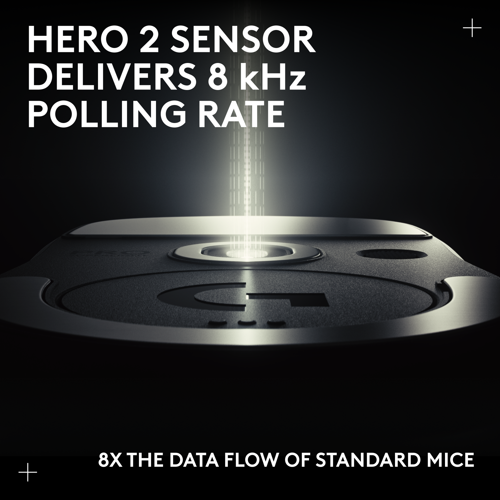 Egy fekete egérérzékelő közelről, fénysugárral, a szöveg a következő: HERO 2 SENSOR DELIVERS 8 kHz POLLING RATE, 8X THE DATA FLOW.