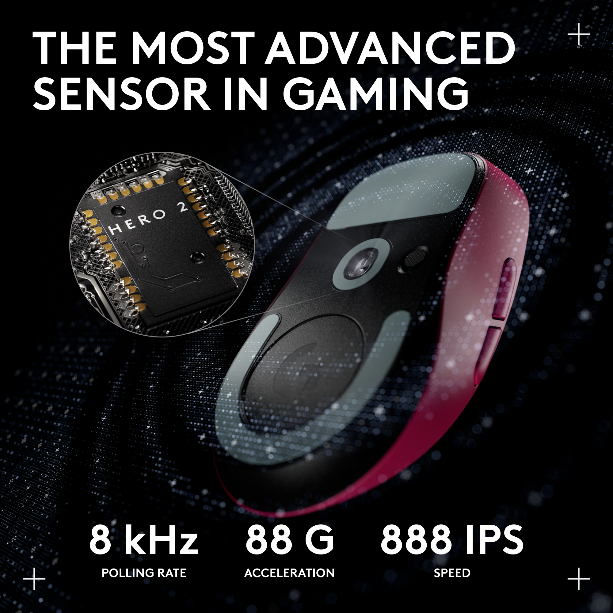 HERO 2 szenzoros gamer egér. Jellemzők: lekérdezési sebesség, gyorsulás és sebesség. Fekete háttér, fehér szöveg.