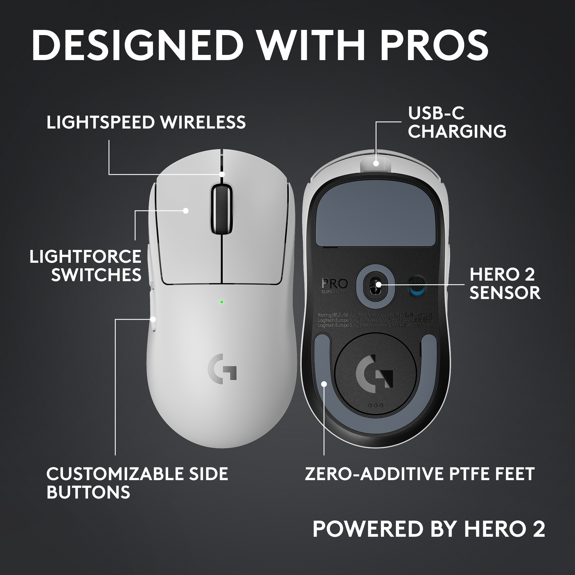 Fehér Logitech Pro Superlight egér Lightspeed Wireless és Hero 2 érzékelővel, profiknak tervezve.