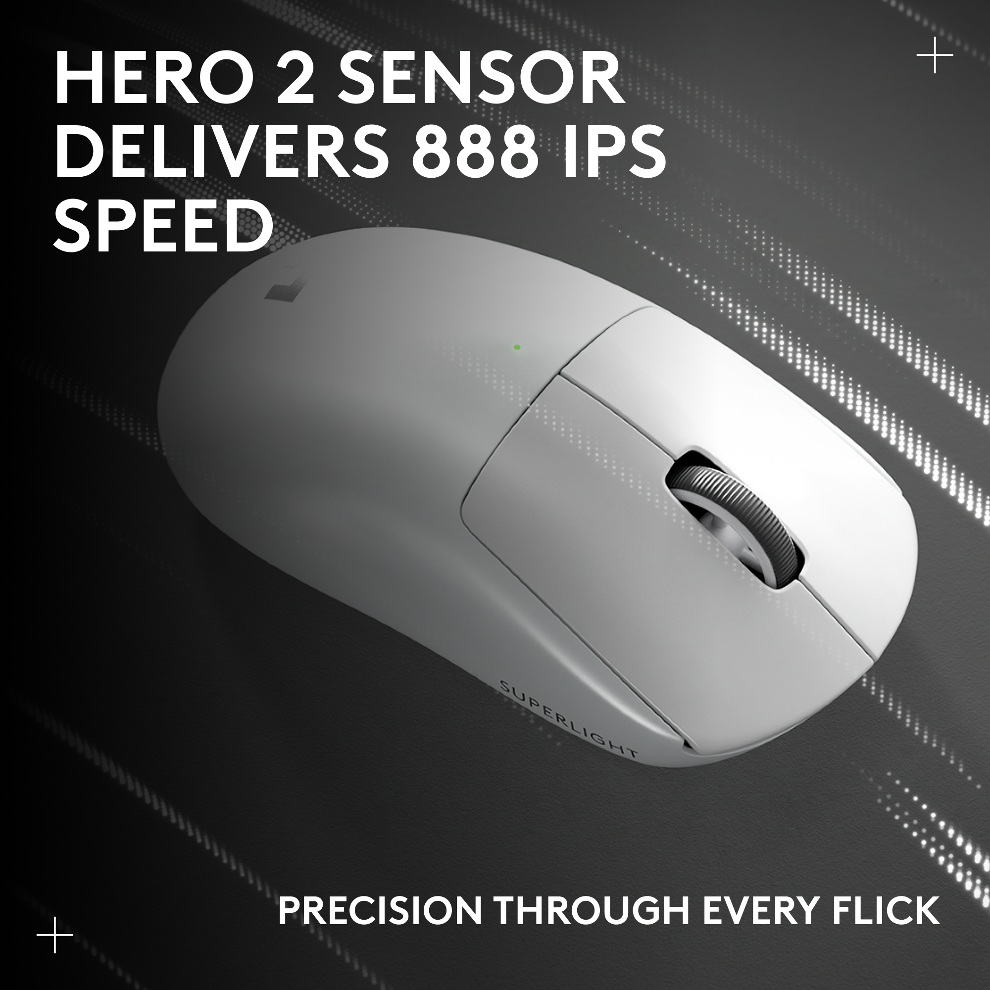 Egy fehér vezeték nélküli egér sötét felületen. Felül a szöveg: 'HERO 2 SENSOR DELIVERS 888 IPS SPEED'. Az egér 'SUPERLIGHT' felirattal van ellátva.