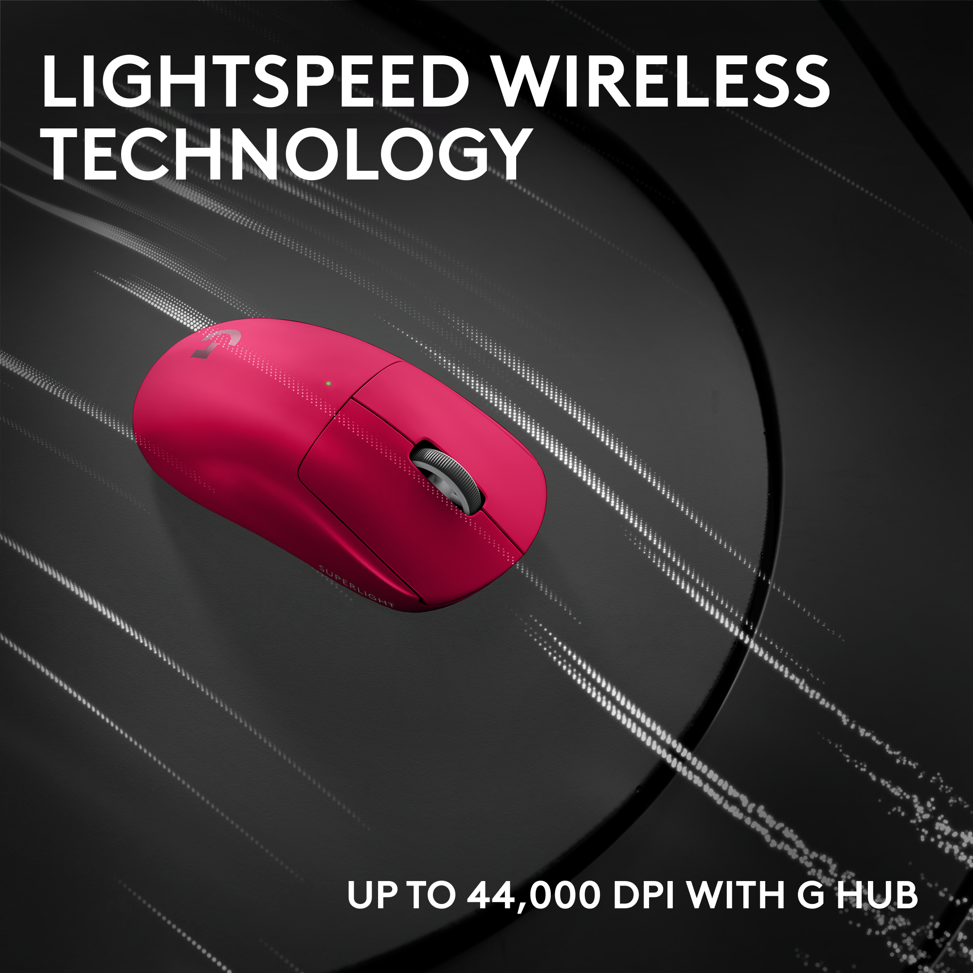 Egy piros vezeték nélküli egér sötét háttér előtt. A felső szöveg: 'LIGHTSPEED WIRELESS TECHNOLOGY'.