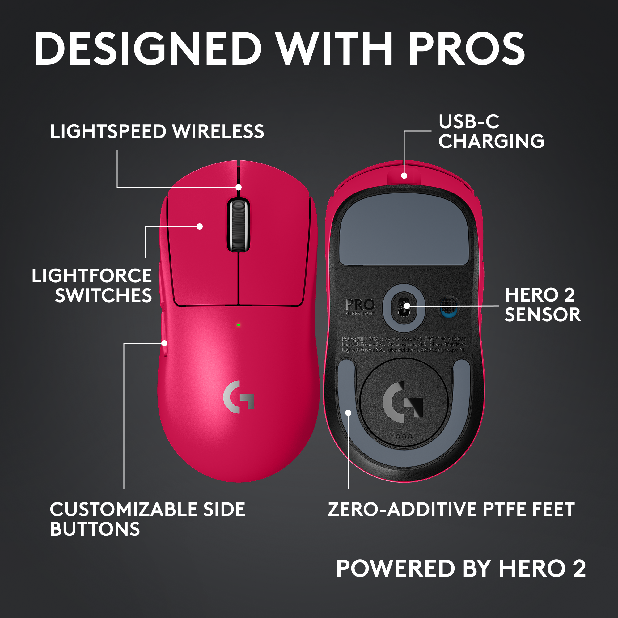 Rózsaszín vezeték nélküli egér, Lightspeed, Lightforce, Hero 2 érzékelővel, USB-C töltéssel, testreszabható gombokkal.