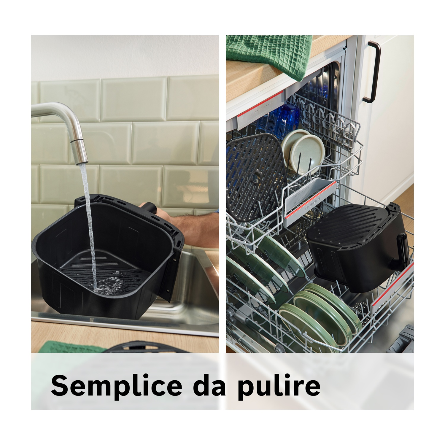 Un cestello della friggitrice ad aria viene lavato sotto un rubinetto e in una lavastoviglie. Piatti e altri oggetti sono visibili in lavastoviglie.