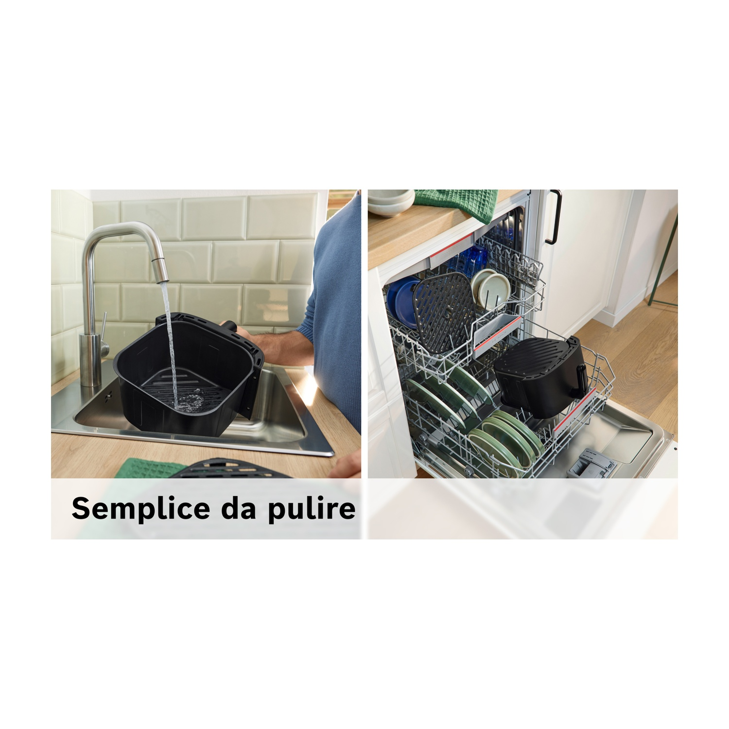 Una friggitrice ad aria viene pulita in un lavandino con acqua corrente e messa in lavastoviglie con piatti.