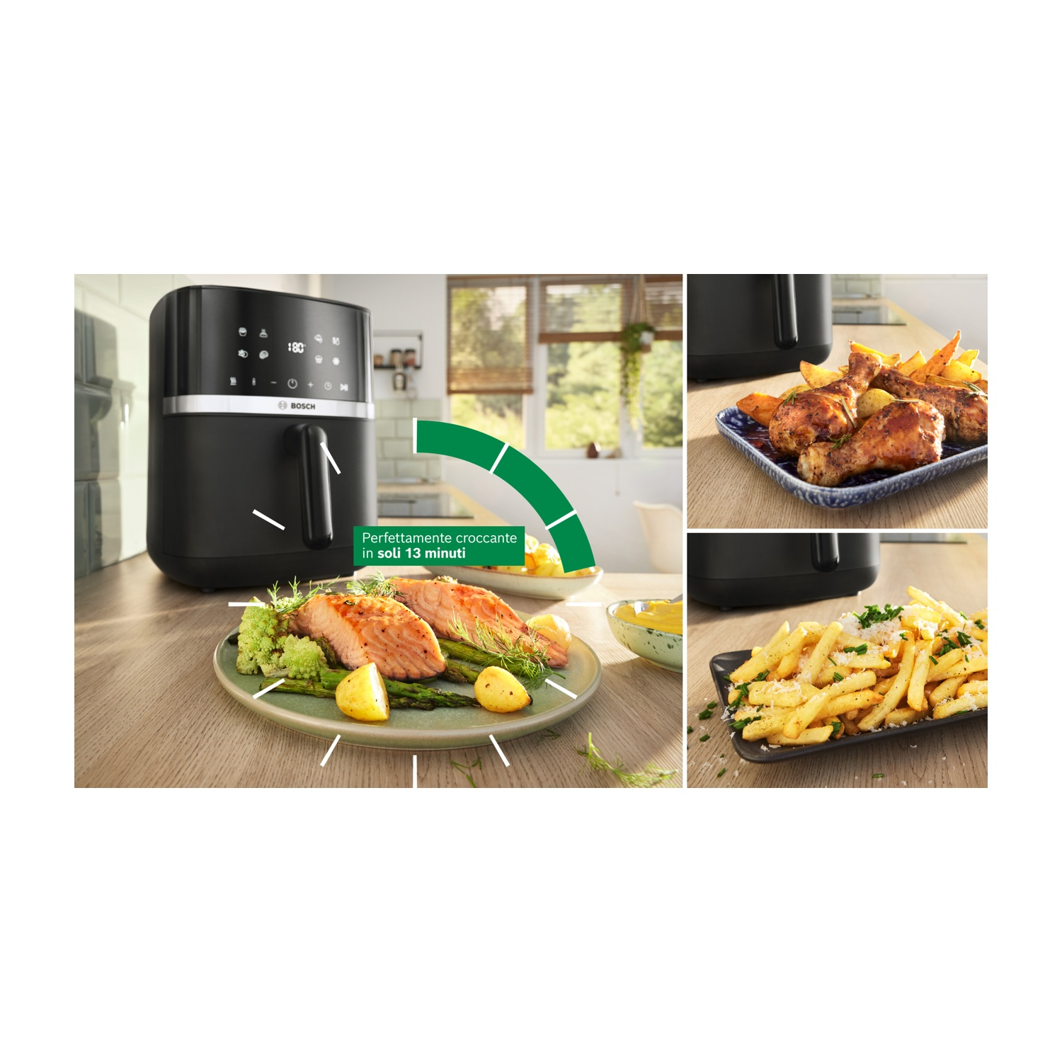 Una friggitrice ad aria con salmone cotto, patatine fritte e pollo. La friggitrice ad aria è nera. Il cibo è su piatti.