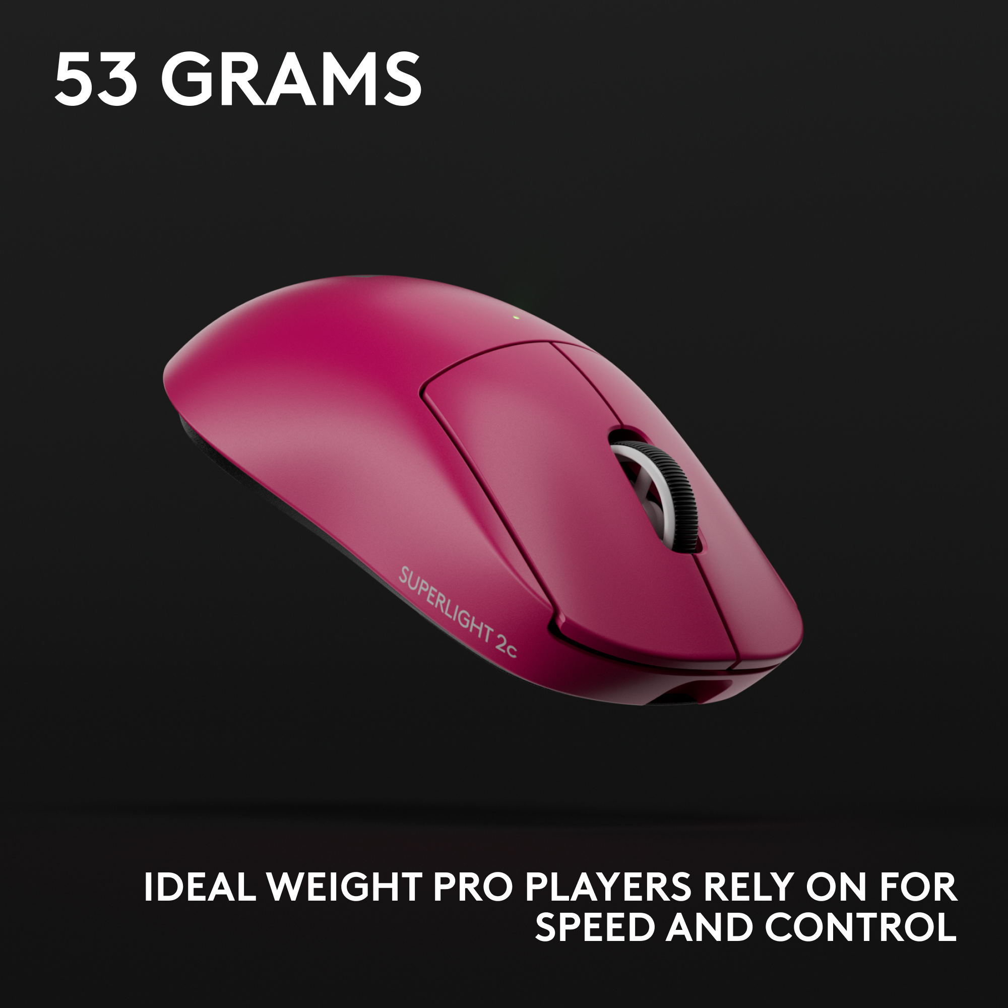 Magenta vezeték nélküli egér görgetőkerékkel és fekete részletekkel, Superlight 2c felirattal. A háttér fekete.