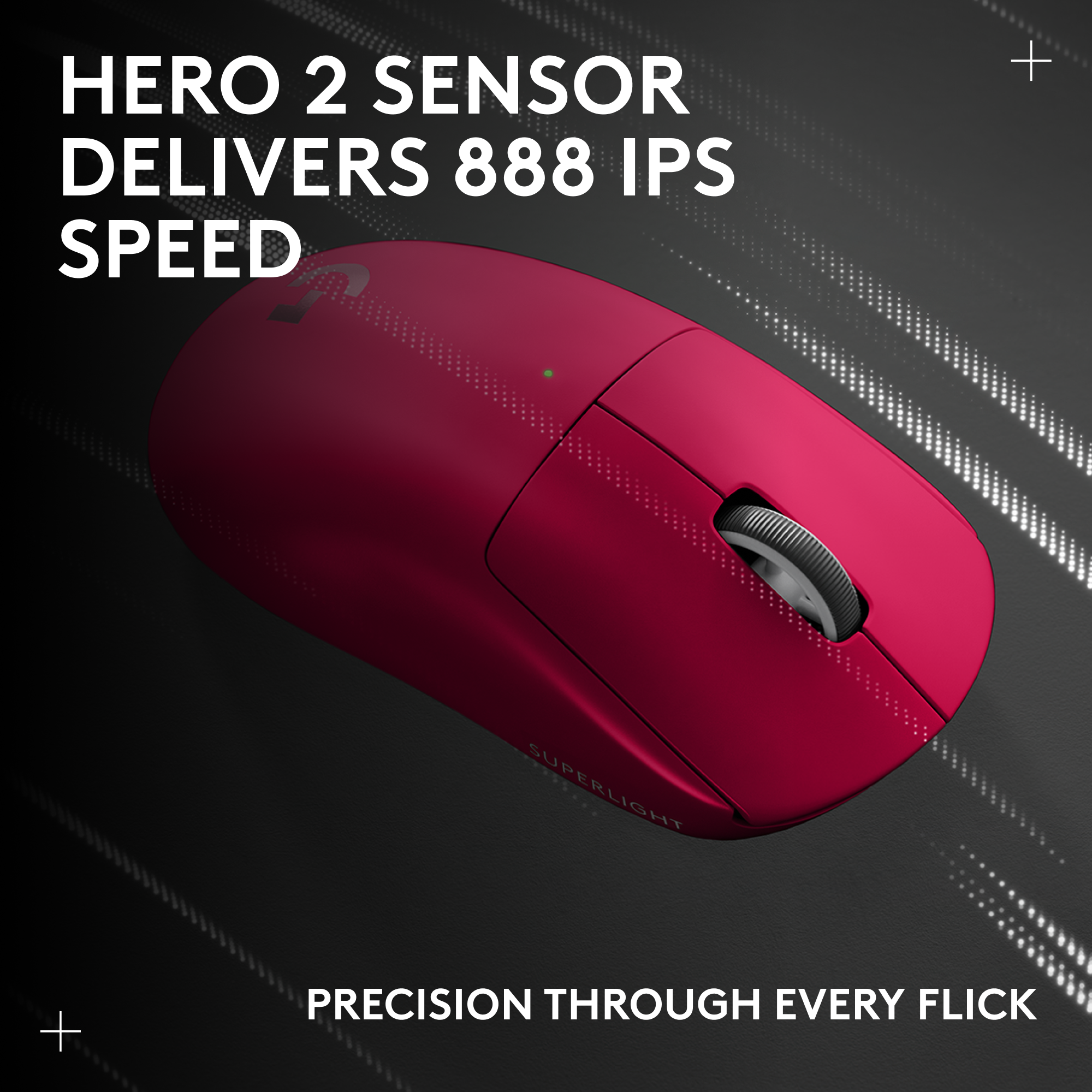 Egy piros vezeték nélküli egér. A szöveg: HERO 2 SENSOR 888 IPS SPEED-et és PONTOSSÁGOT nyújt minden mozdulatban.