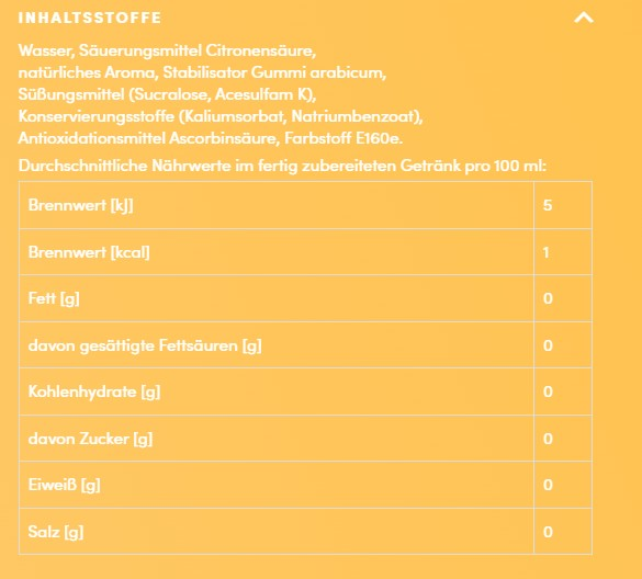Nährwerttabelle auf Deutsch. Enthält Zutaten wie Wasser, Zitronensäure und Nährwerte pro 100ml.