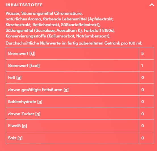 Nährwerttabelle. Listet Zutaten und Nährwerte pro 100 ml, einschließlich Kalorien, Fette, Kohlenhydrate und Salz.