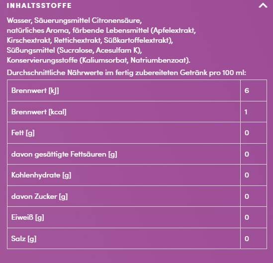 Nährwerttabelle. Zutaten: Wasser, Zitronensäure, Aromen, Extrakte. Werte für Energie, Fett, Kohlenhydrate, Zucker, Eiweiß und Salz.