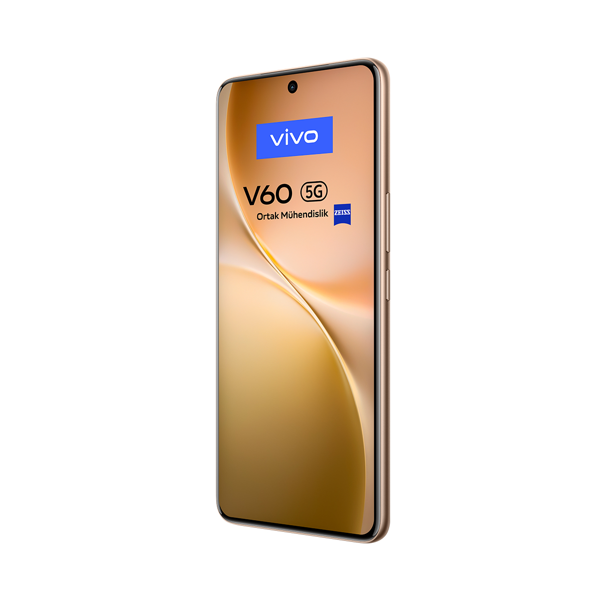 Altın renkli bir Vivo V60 5G akıllı telefon görüntüleniyor. Vivo logosu ve Zeiss markası bulunan bir ekranı var. Telefon beyaz bir arka plan üzerinde duruyor.