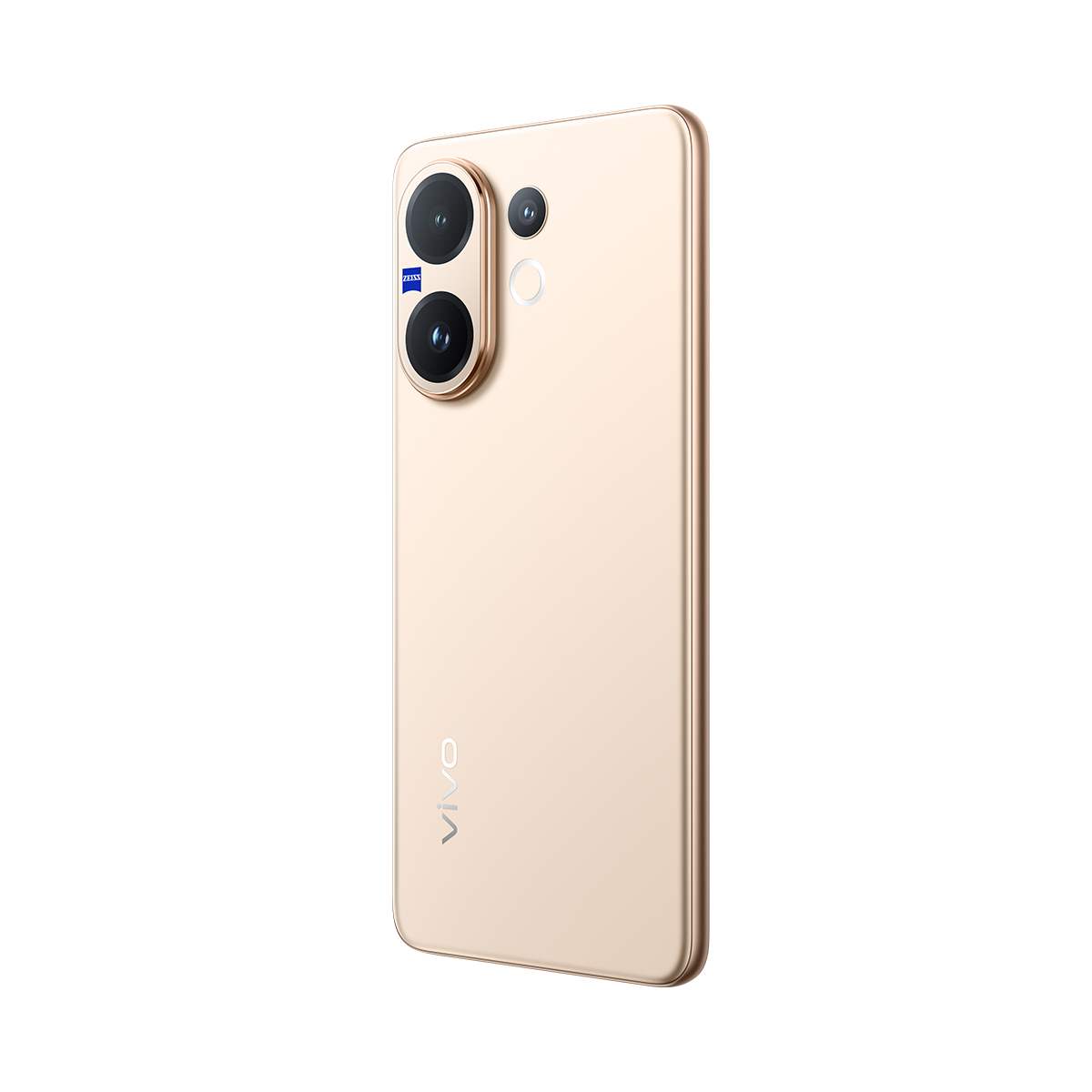 Birden fazla kamera merceğine ve Zeiss logosuna sahip altın renkli bir akıllı telefon. Vivo logosu altta görünür.