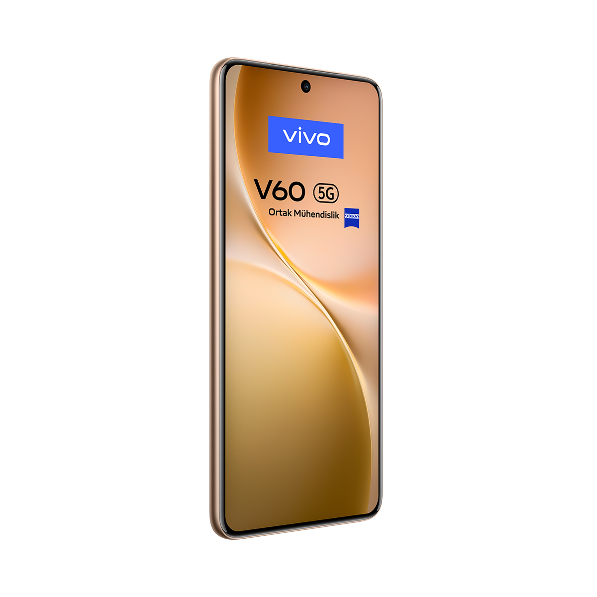 Altın çerçeveli bir Vivo V60 5G akıllı telefon. Ekranda Vivo logosu, telefon modeli ve Zeiss markası görüntüleniyor.