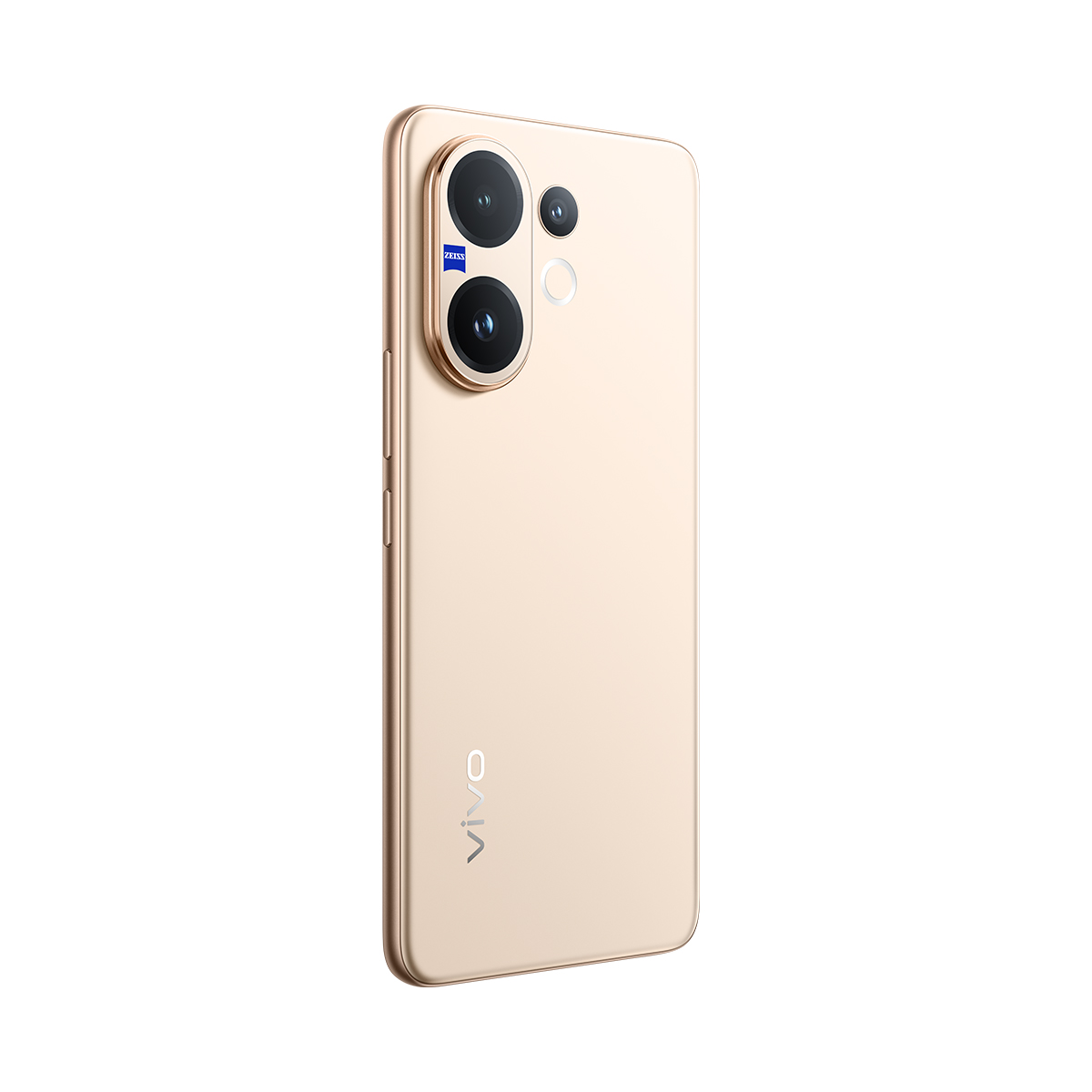 Altın renkli, üç arka kameralı bir akıllı telefon. Telefonda 'vivo' logosu var. Kamerada 'ZEISS' logosu var.