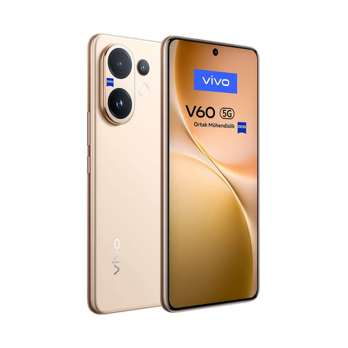 Altın renkli bir Vivo V60 5G akıllı telefon. Üç lensli bir kameraya, Vivo logosu ve Zeiss logosu gösteren bir ekrana sahip.