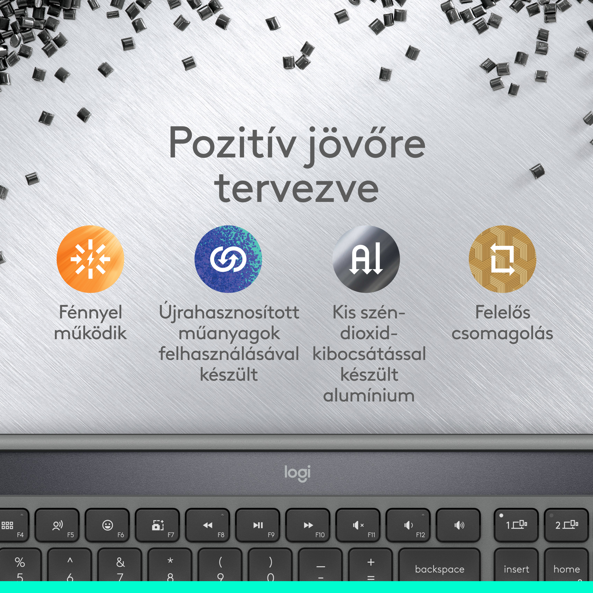 Billentyűzet fény, újrahasznosított műanyag, alacsony szén-dioxid-kibocsátás, felelős csomagolás ikonokkal.