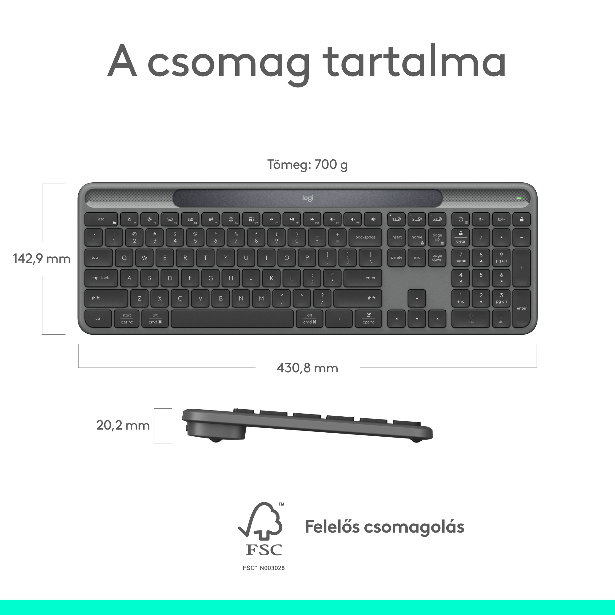 Egy sötétszürke billentyűzet fehér felirattal. Méretek és súly láthatók. A márka a Logitech.