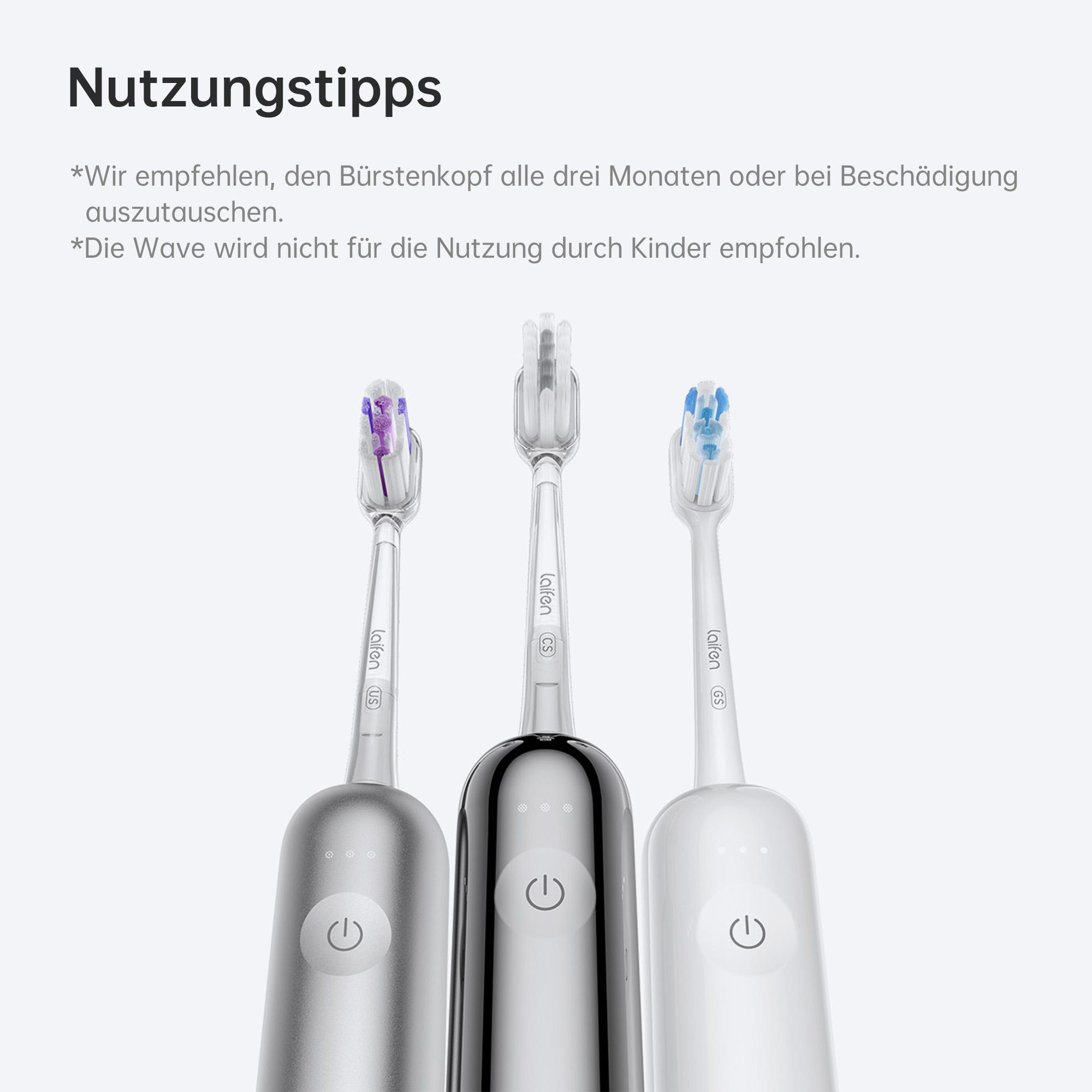 Drei elektrische Zahnbürsten mit unterschiedlich farbigen Borsten auf weißem Hintergrund. Jede hat einen Ein-/Ausschalter und den Markennamen.