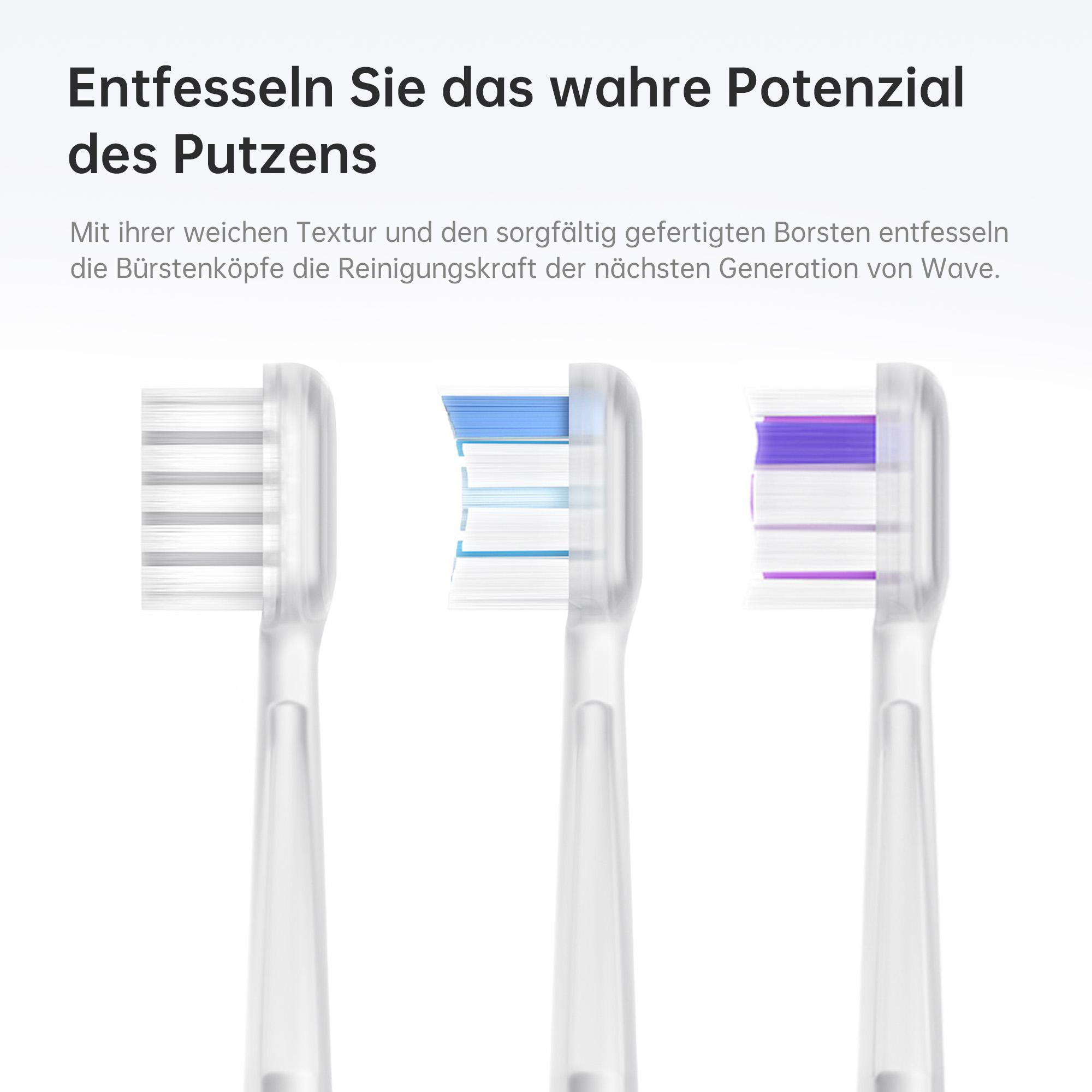 Drei Zahnbürstenköpfe mit verschiedenfarbigen Borsten: weiß, blau und lila. Die Griffe sind transparent.