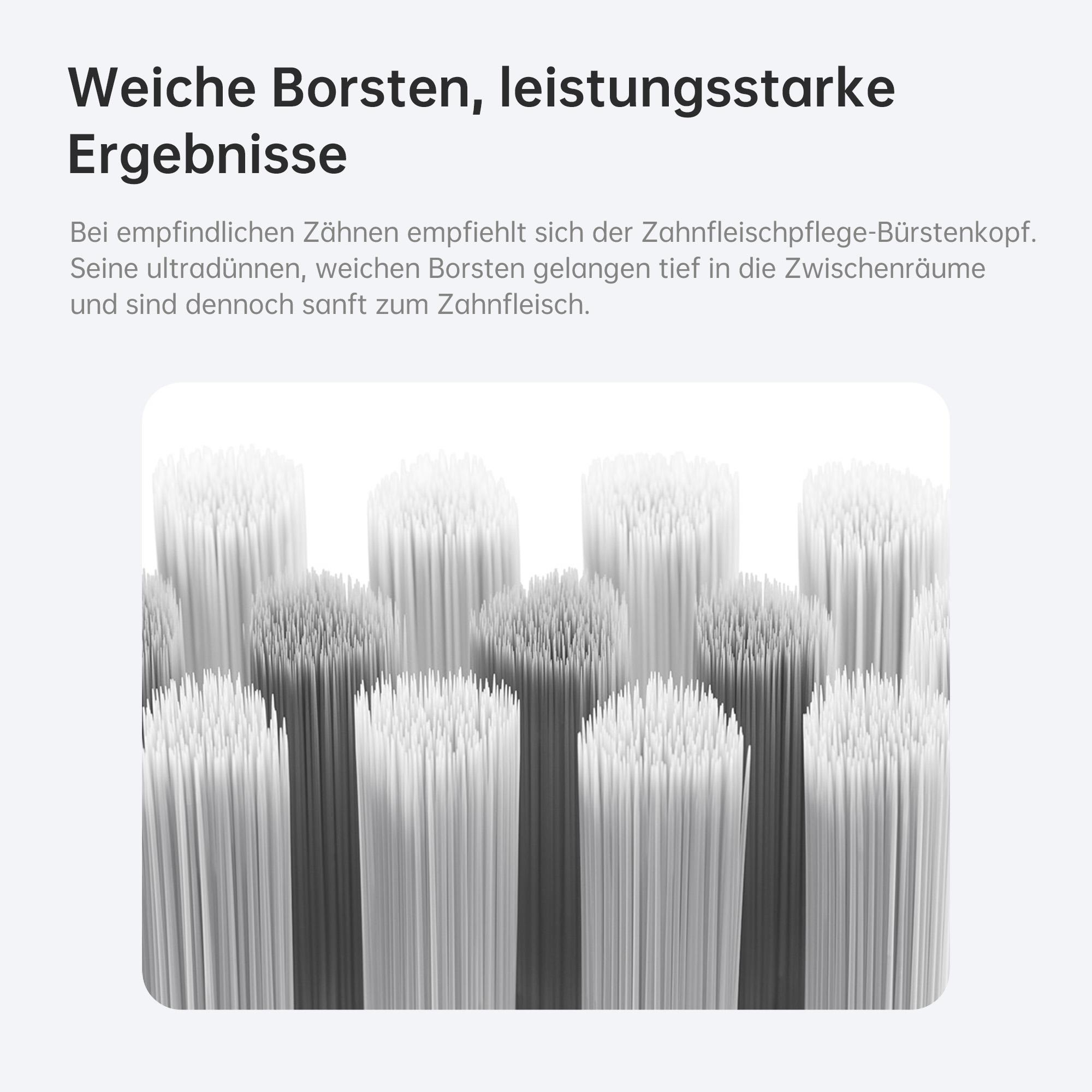 Nahaufnahme von Zahnbürstenborsten. Weiße Borsten sind fokussiert. Graue Borsten dazwischen. Der Hintergrund ist weiß. Text oben.