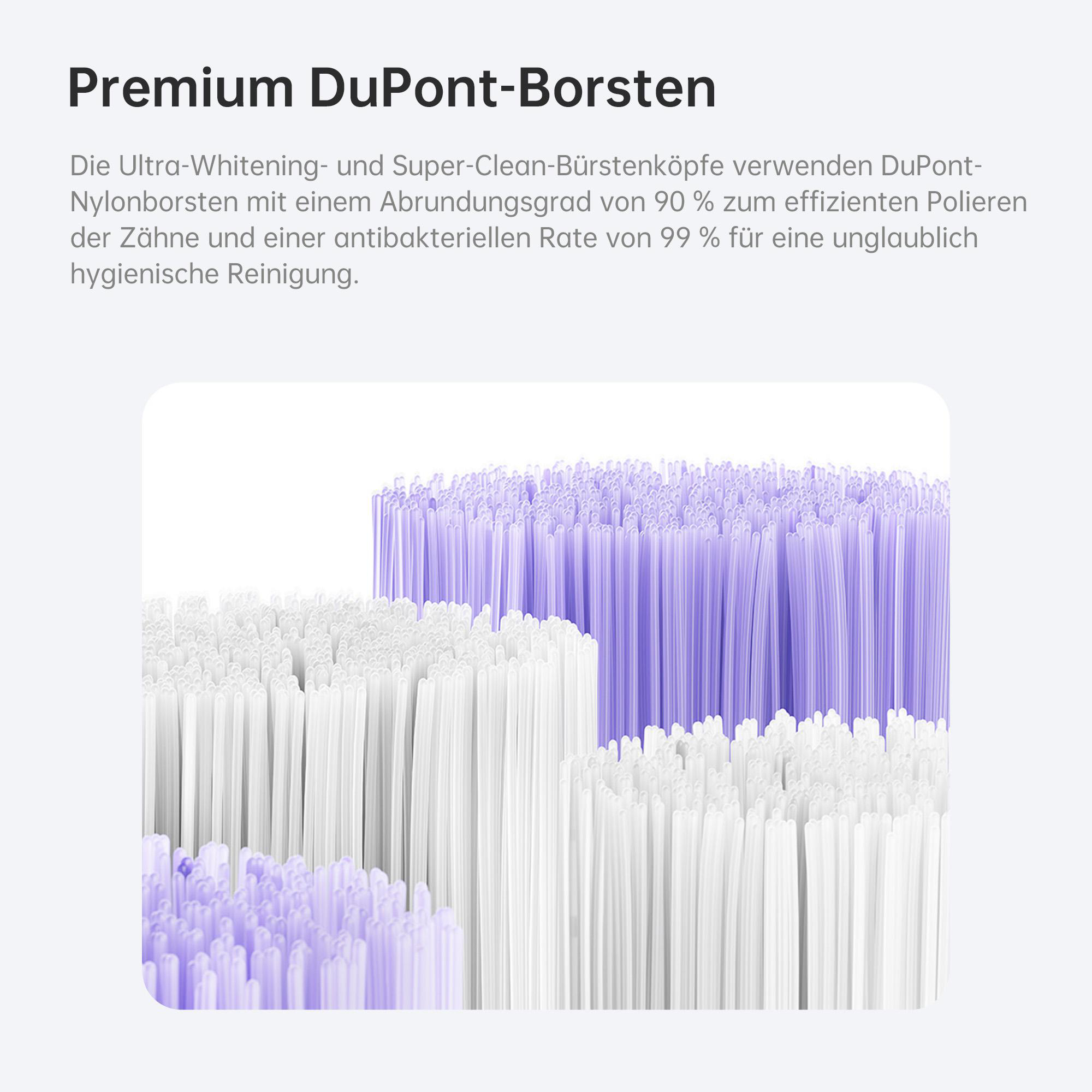 Nahaufnahme von Zahnbürstenborsten, weiß und lila. Oben steht 'Premium DuPont-Borsten'.