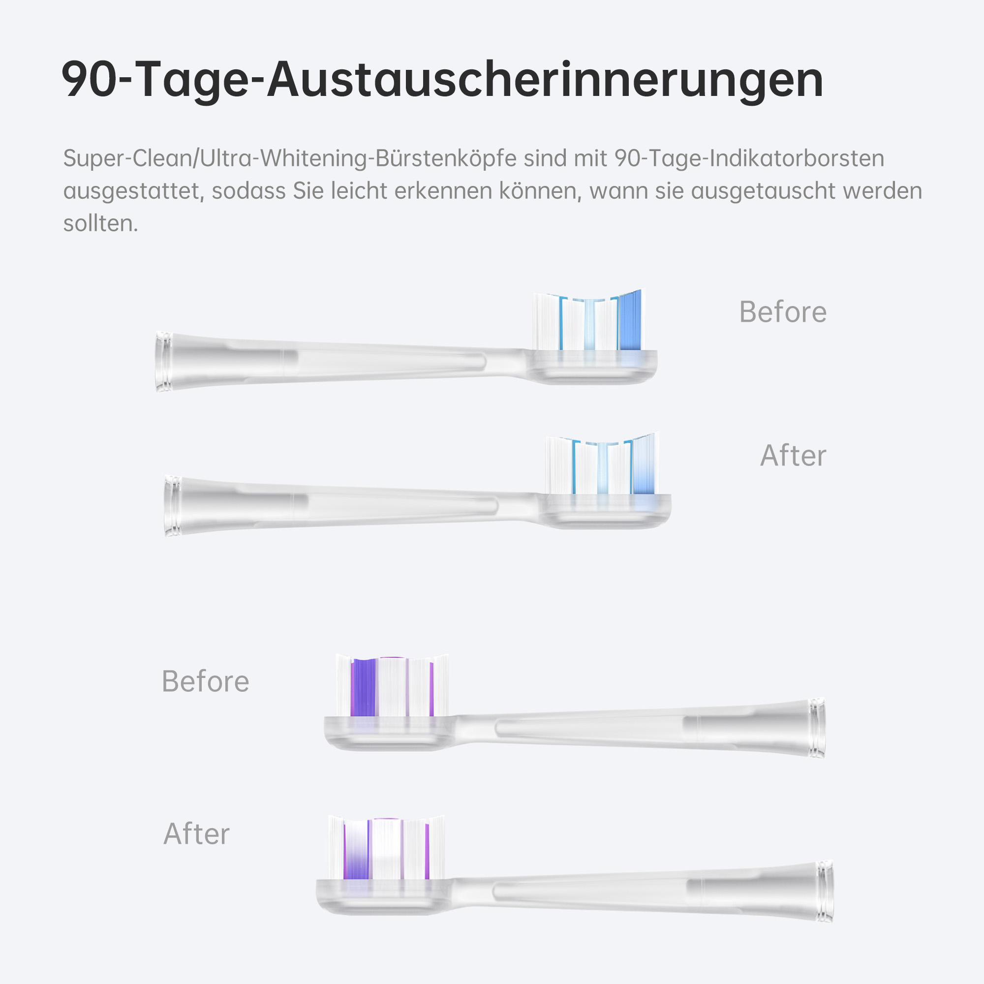 Das Bild zeigt Zahnbürstenköpfe vor und nach dem Gebrauch. Blaue und violette Indikatorborsten verblassen, was den Austausch signalisiert.