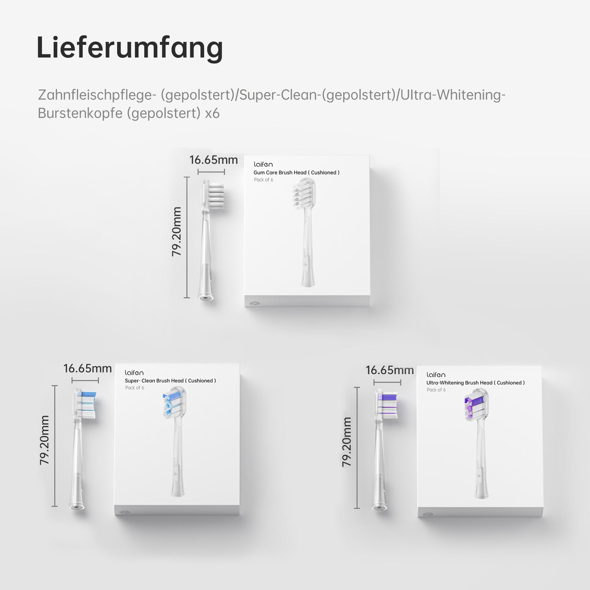 Das Bild zeigt drei Sätze Zahnbürstenköpfe und ihre Schachteln. Jeder Satz hat markierte Abmessungen. Text zeigt die Produkttypen und Namen.