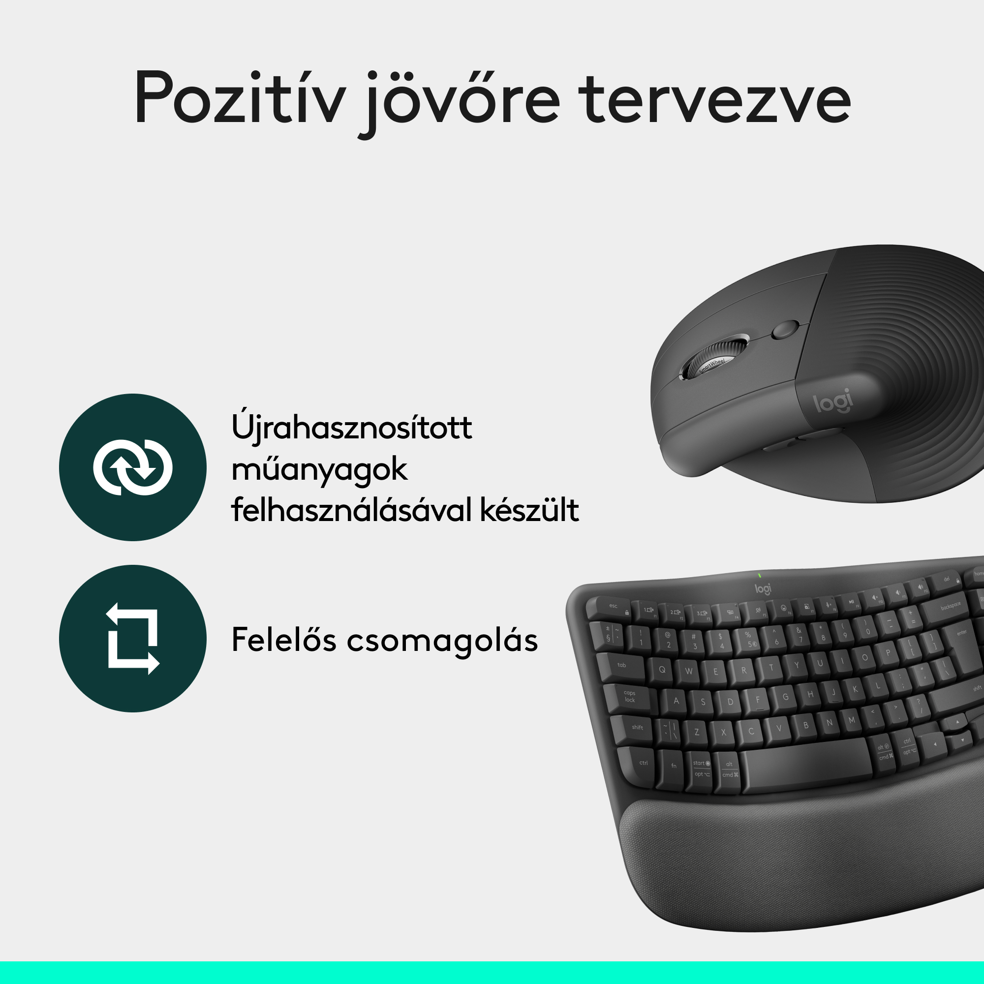 Számítógép-beállítás szürke ergonomikus billentyűzettel és egérrel. A szöveg újrahasznosított anyagokat és felelős csomagolást jelez.