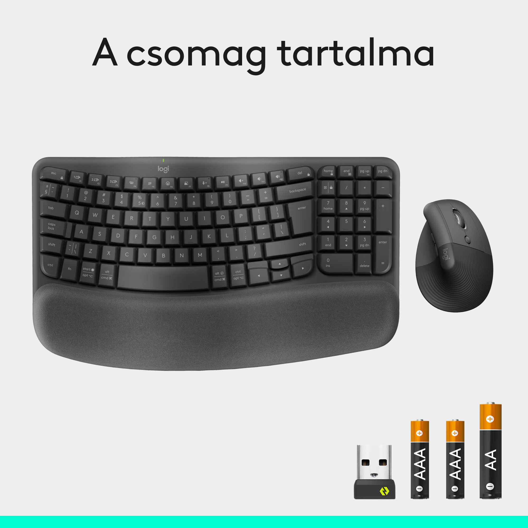 A képen billentyűzet, egér, USB-vevő és elemek láthatók. A billentyűzethez csuklótámasz tartozik. Minden fekete.