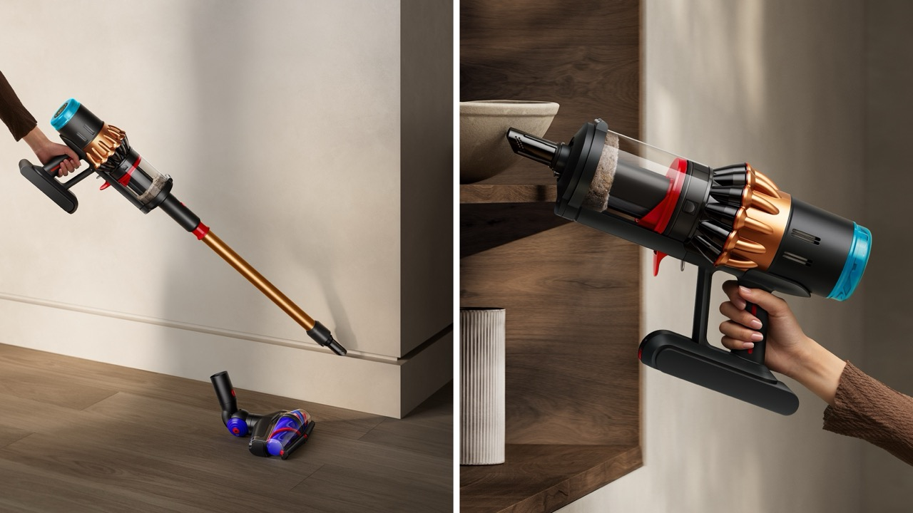 Dos imágenes de una aspiradora Dyson. Una se está usando, la otra se sostiene. Los colores incluyen dorado, negro, azul y rojo. El fondo es neutro.