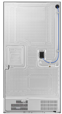 Widok z tyłu lodówki. Metalicznie szary tył z wentylacją, czarnym elementem i niebieskimi rurkami.