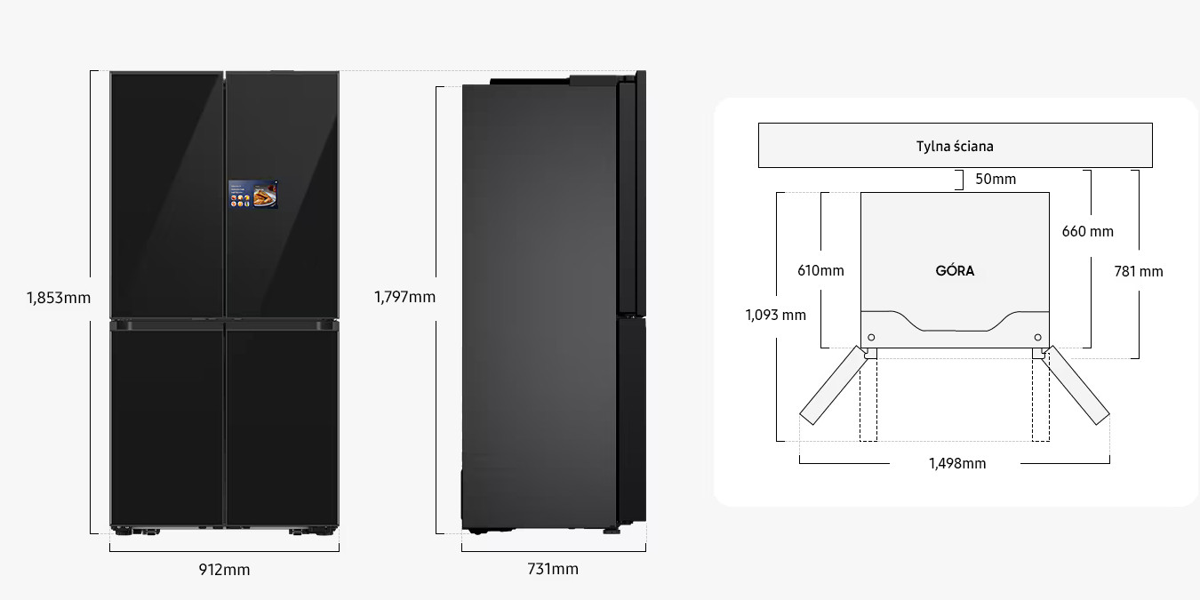 Czarna lodówka z czterema drzwiami, wraz z wymiarami. Widok z boku oraz schemat z wymiarami również uwzględniono.