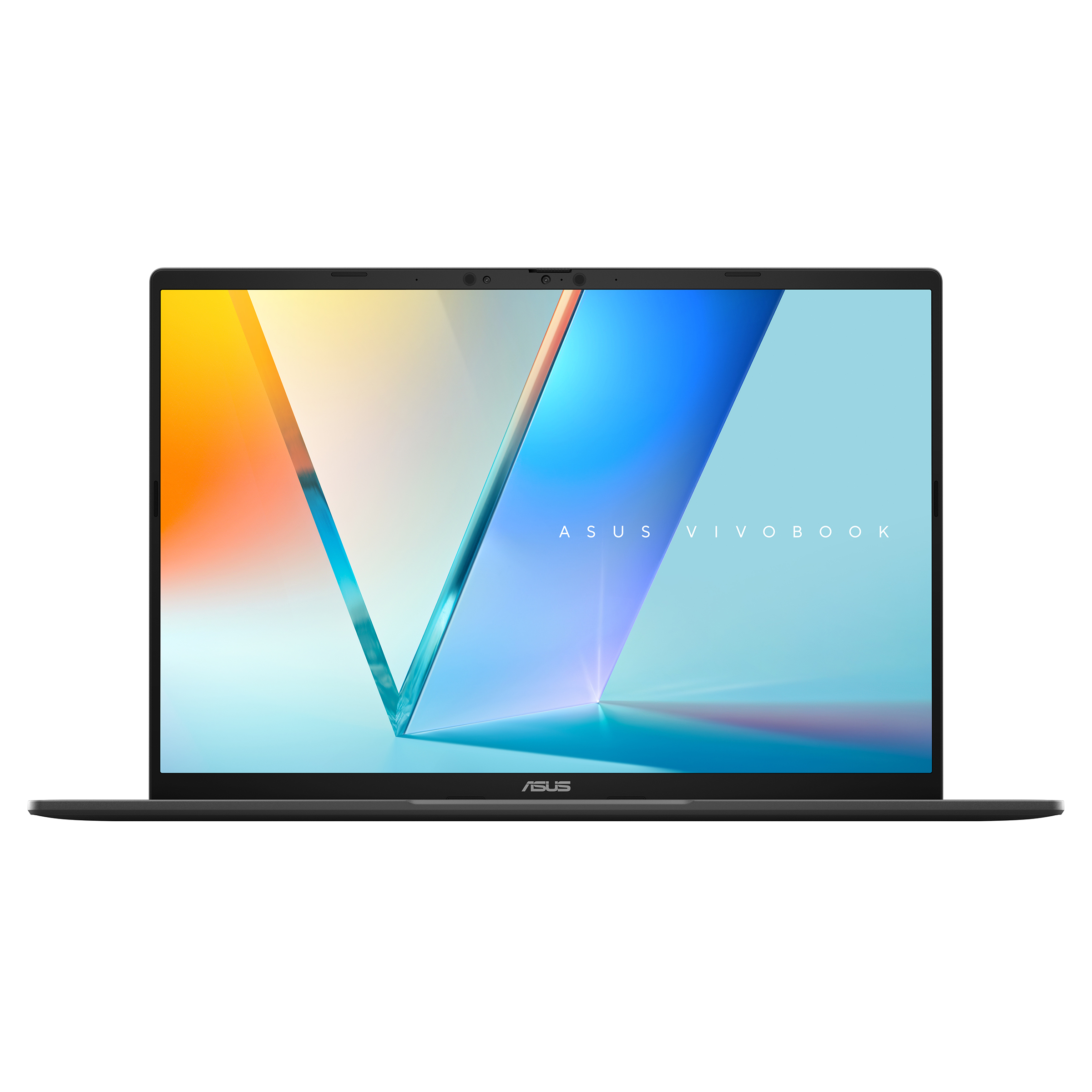 Mavi ve turuncu geçişler gösteren renkli ekranlı siyah bir dizüstü bilgisayar. ASUS Vivobook logosu görünür.