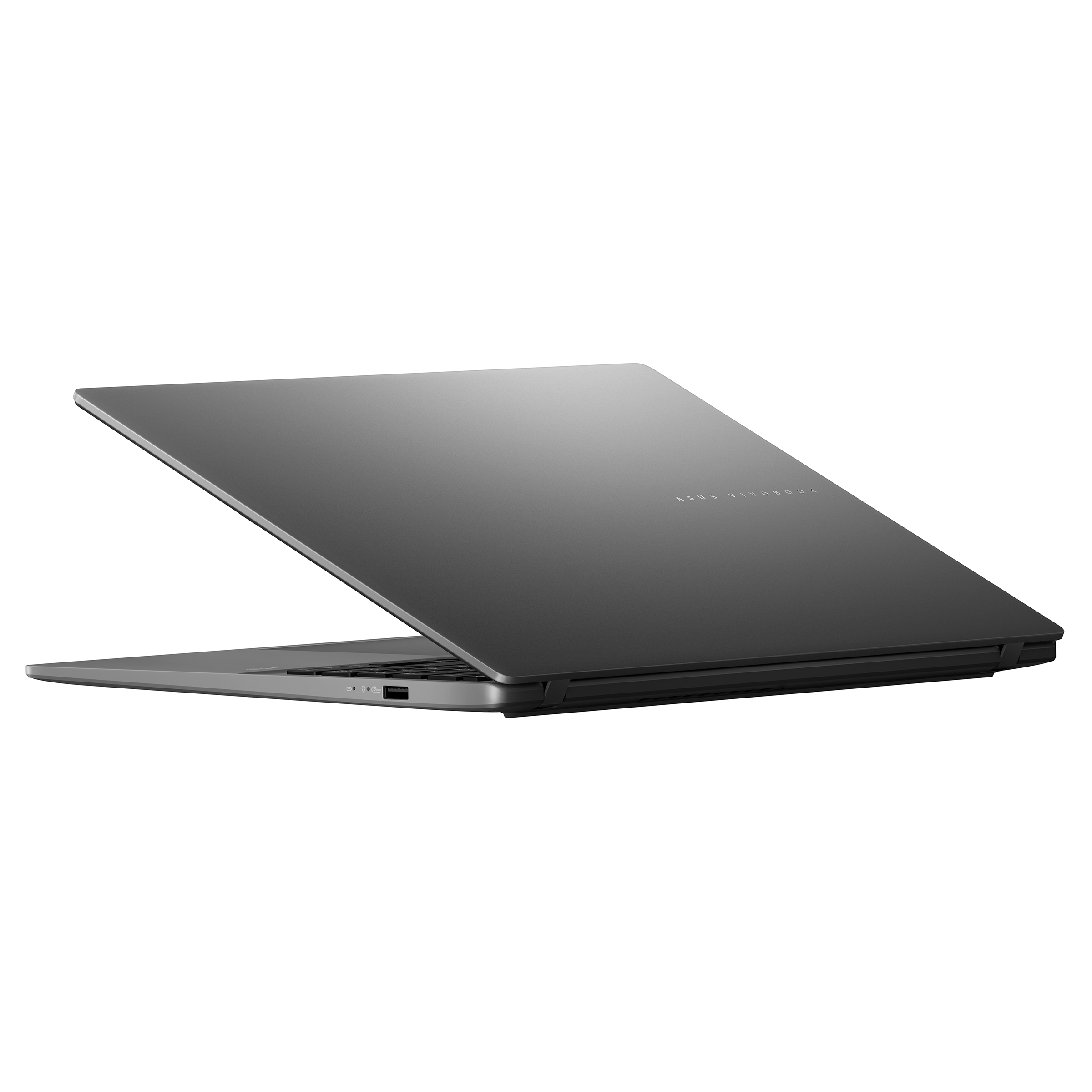 Beyaz zemin üzerinde hafif açık gri bir dizüstü bilgisayar. Kapakta 'ASUS Vivobook' markası görülüyor.