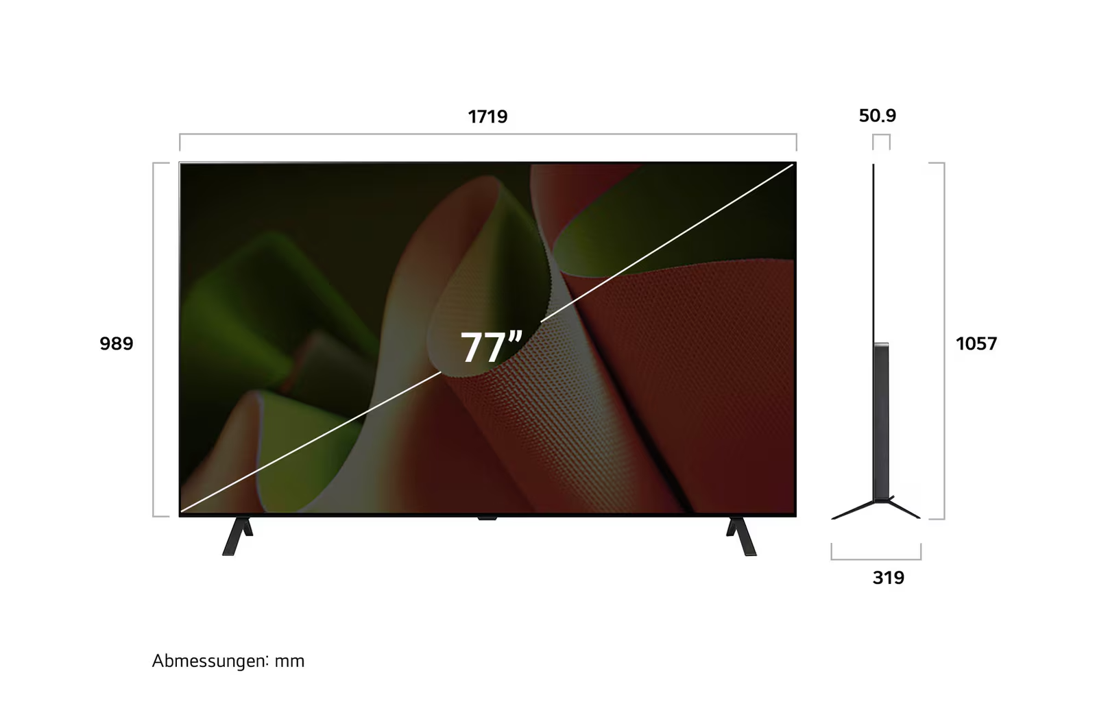 Ein 77-Zoll-Fernseher mit farbenfrohem, abstraktem Hintergrund. Abmessungen und Größe sind angegeben. Der Fernseher ist schwarz mit zwei Beinen.