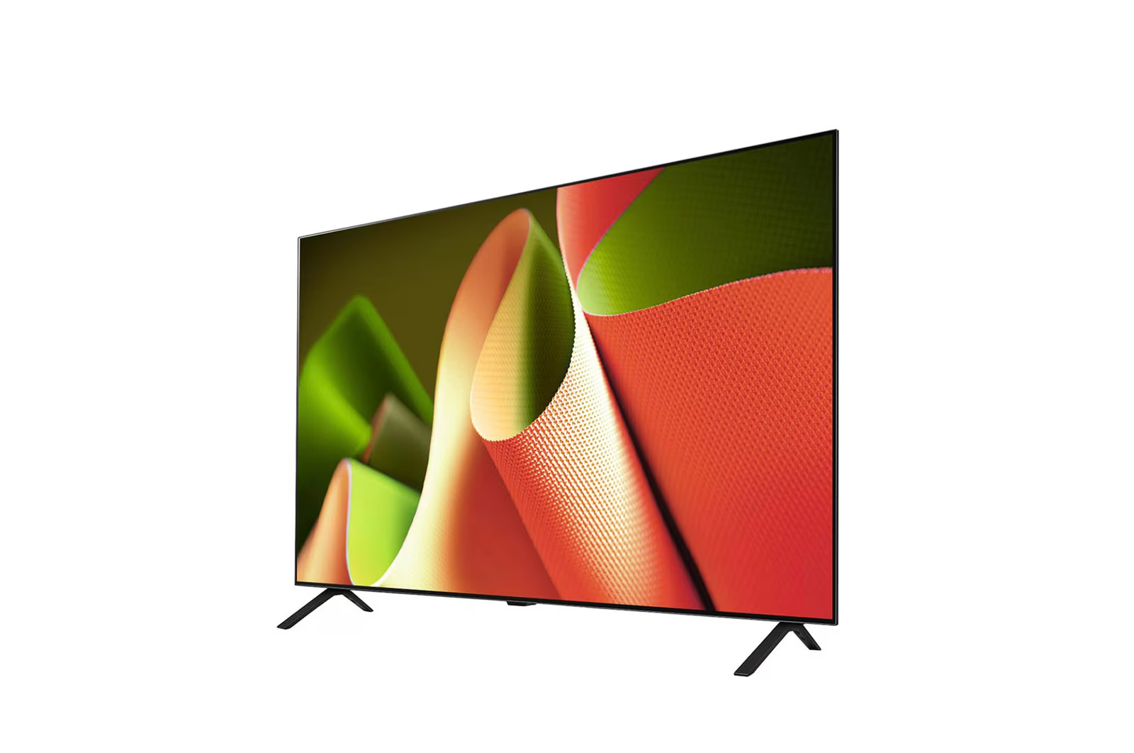 Ein Flachbildfernseher mit buntem, abstraktem Design auf dem Bildschirm. Schwarze Beine stützen den Fernseher. Der Hintergrund ist weiß.