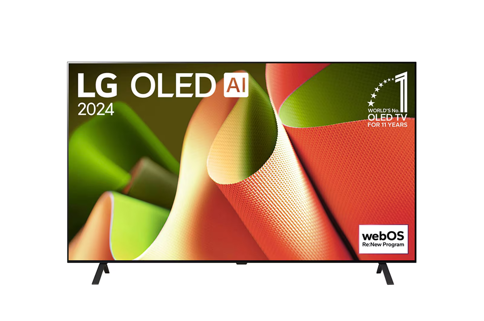 LG OLED-Fernseher, Modell 2024, mit KI. Verfügt über einen wellenförmigen Hintergrund in Grün und Orange. Enthält ein webOS-Logo.